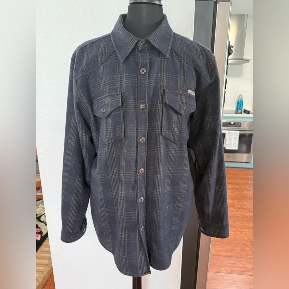 💀 LUCKY 13 Men's Casual Button Down Shirt - Navy Plaid Flannel Wool Lined